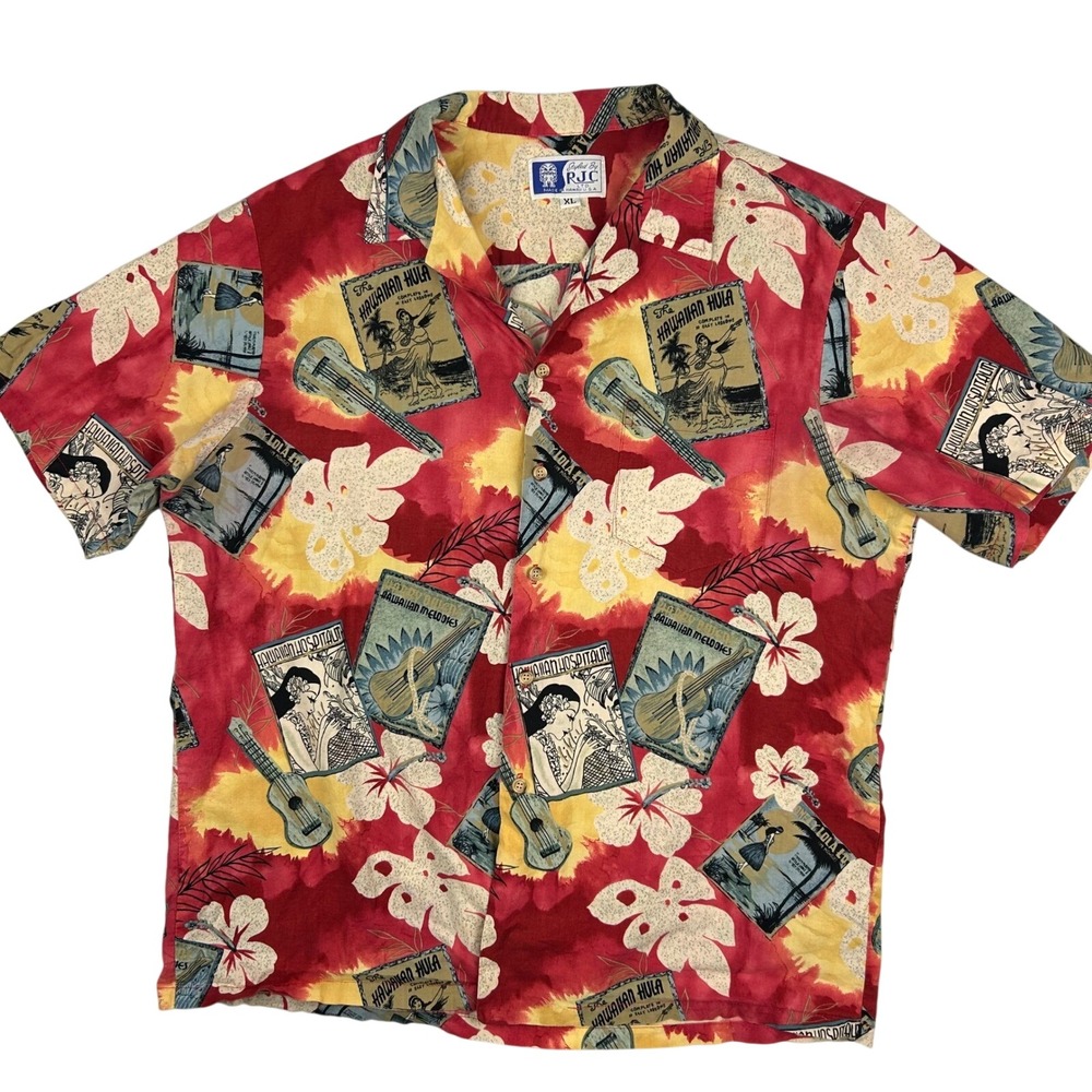 RJC Hawaiian Shirt Mens XL Red Hula Dancer Ukulele Tropical Camp Button Down VTG